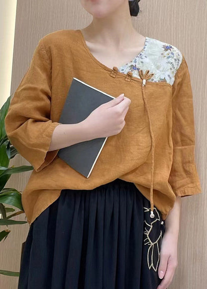 Orange V Neck Asymmetrical Design Print Linen Top Three Quarter Sleeve