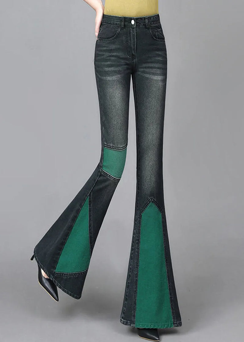 Green Asymmetrical Patchwork Denim Flare Bottoms Spring