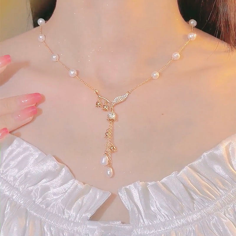 Gold Sterling Silver Overgild Pearl Zircon Bell Orchid Tassel Pendant Necklace