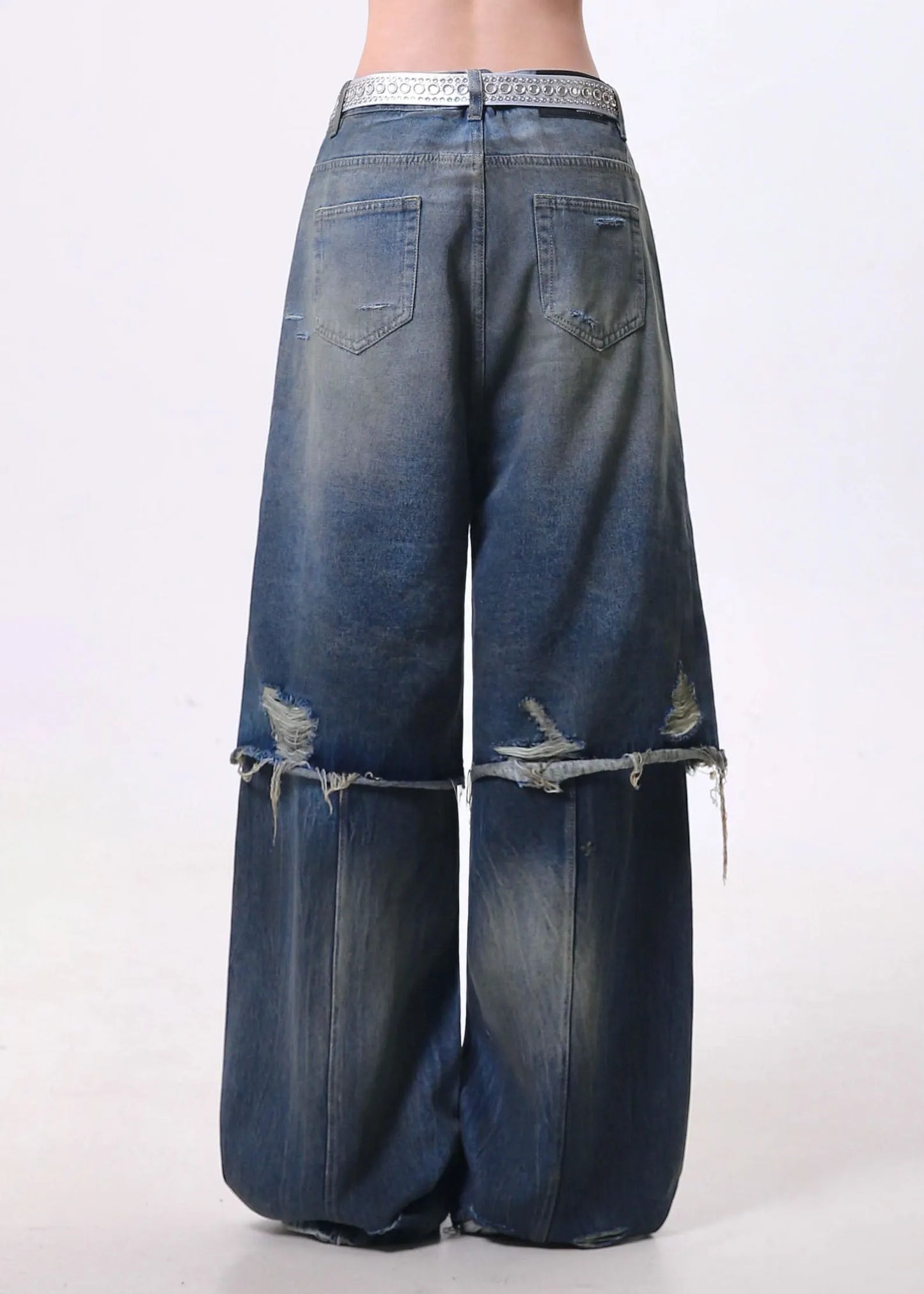 Blue False Two Pieces Patchwork Ripped Denim Pants Spring