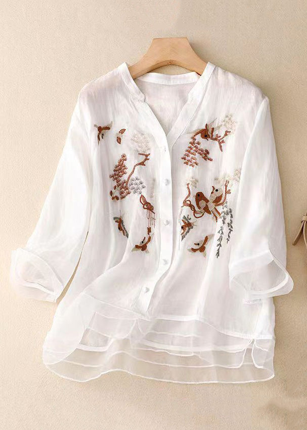 White V Neck Patchwork Cotton Shirt Top Spring