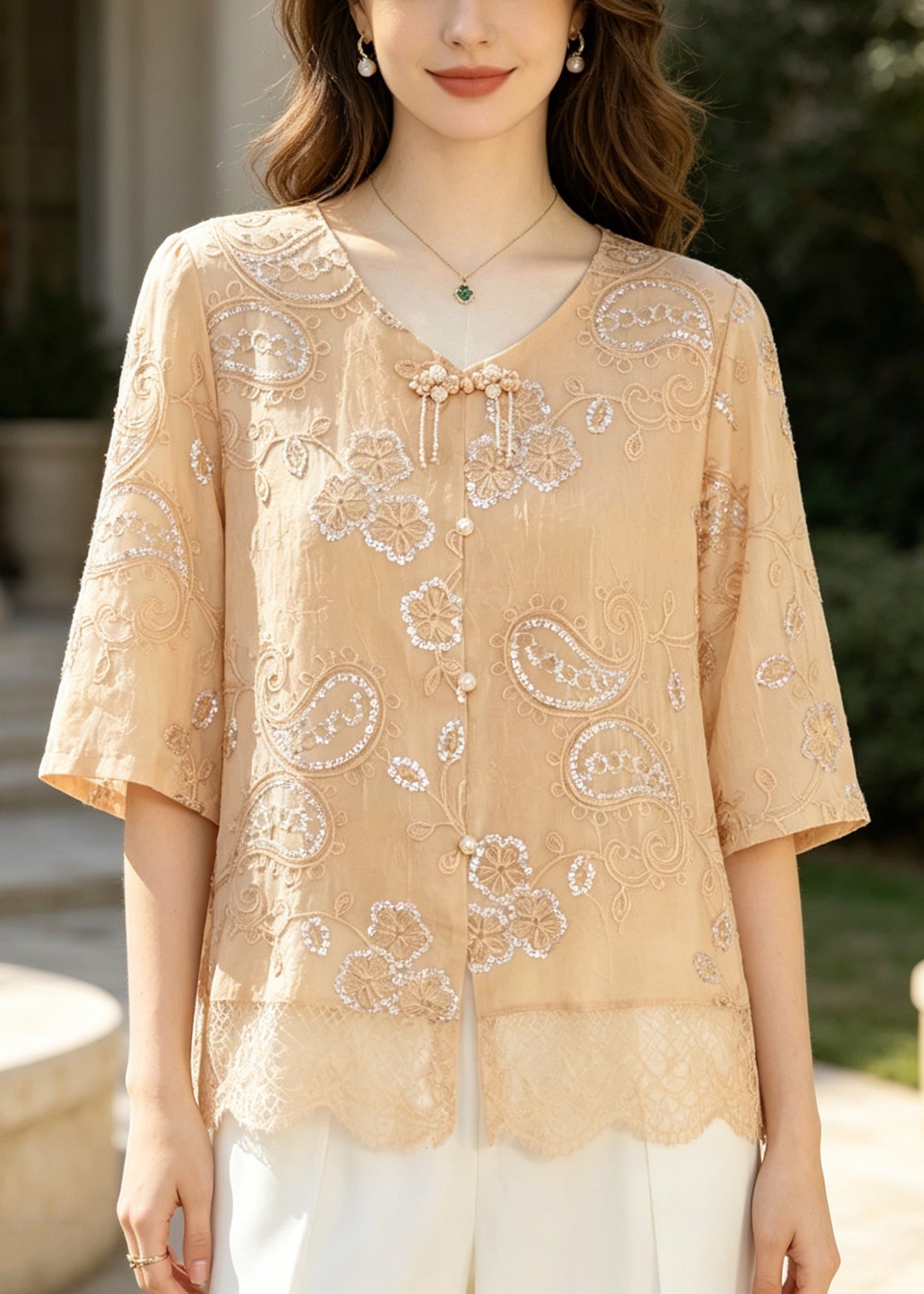 Khaki Embroidered Patchwork Lace Tops Summer