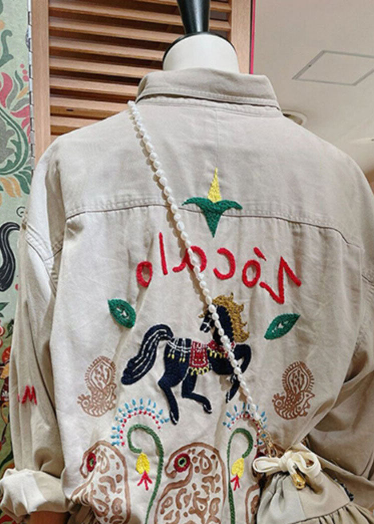 Unique Beige Peter Pan Collar Embroidered Cotton Jacket Spring