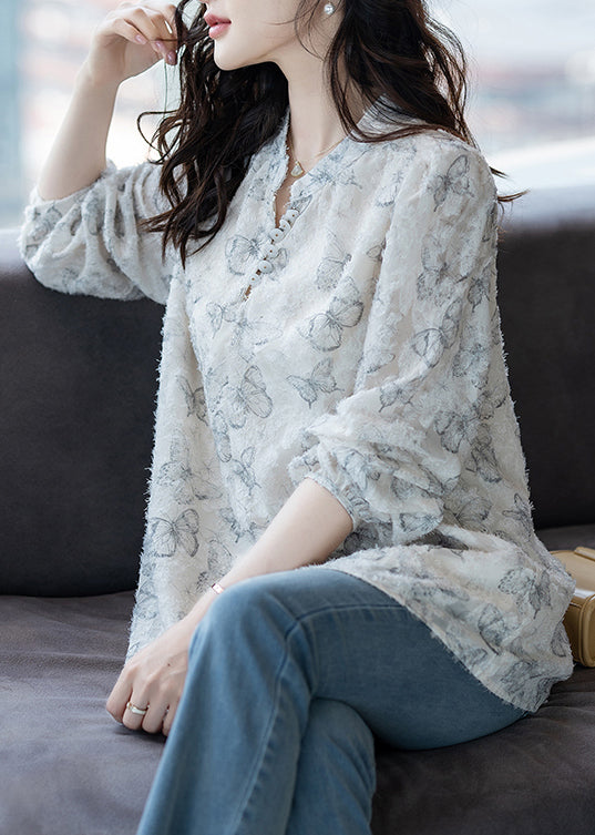 White Butterfly Chiffon Eyelash Shirt Tops Fall