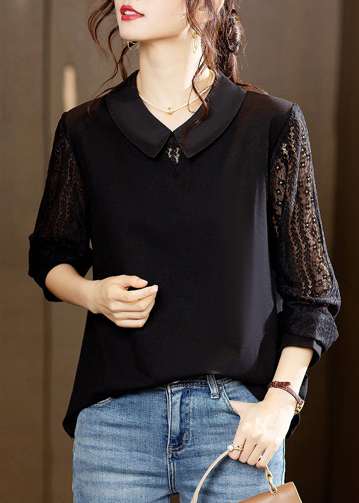 Black Hollow Out Lace Patchwork Tops Long Sleeve