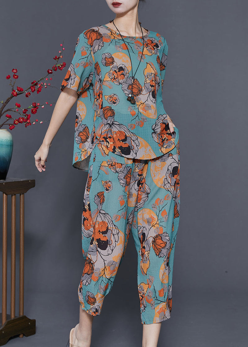 Diy Blue Oversized Print Linen Two Pieces Set Summer