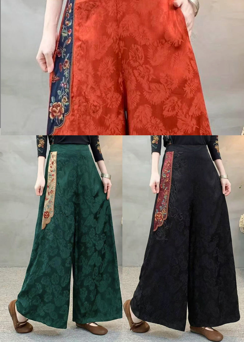 Style Black Embroidered Patchwork Silk Pants Spring
