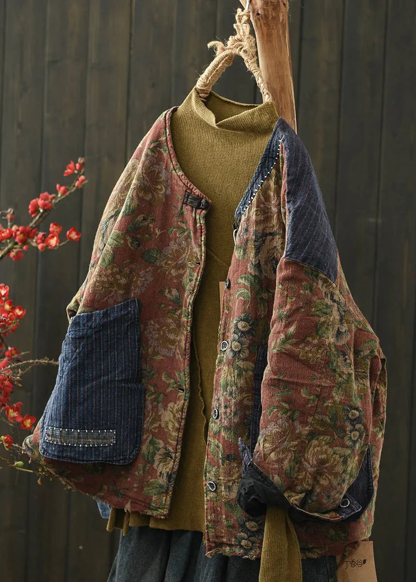 Coffee Print Pockets Denim Patchwork Fine Cotton Filled Jacket Winter