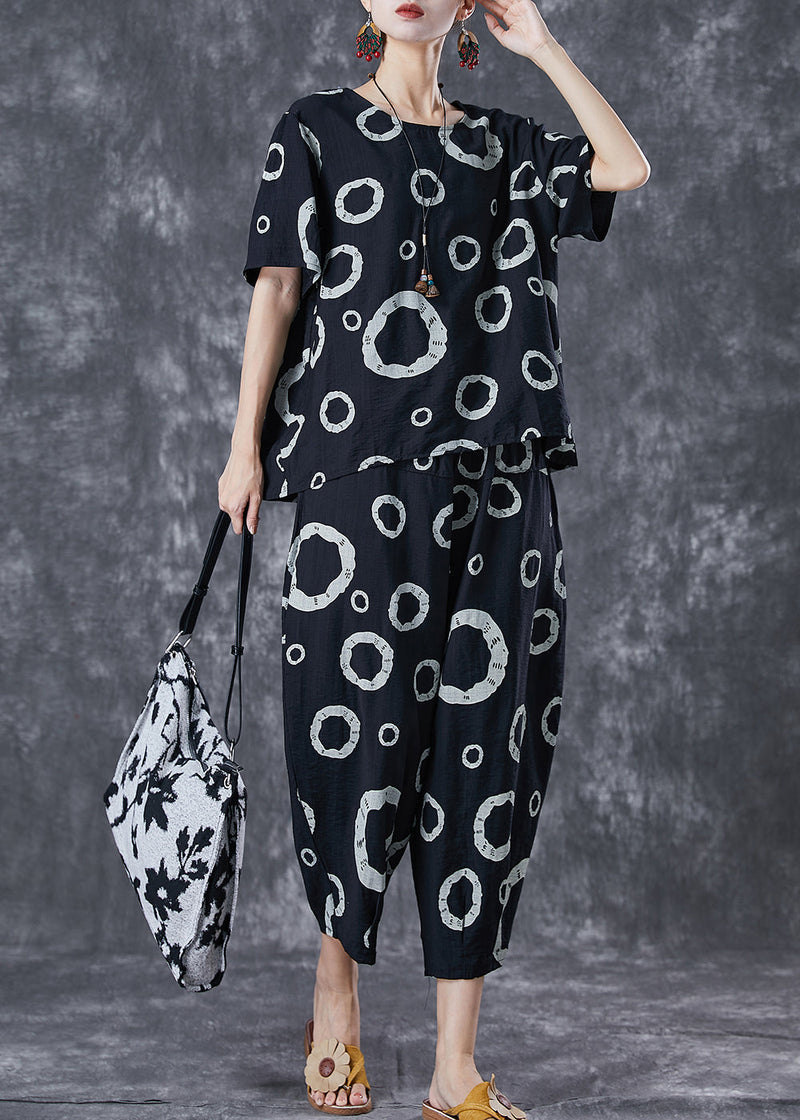 Black Print Cotton Tops and Pants Two Pieces Set Oversized Summer
