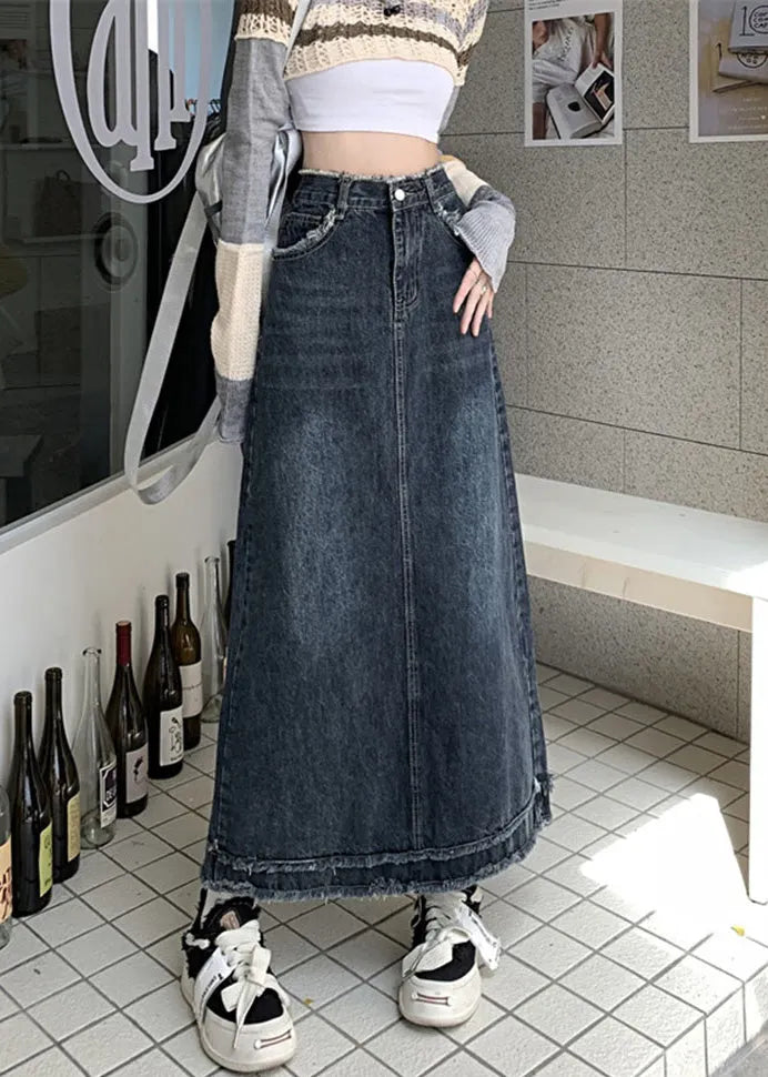 Blue Patchwork Button Denim a Line Skirts