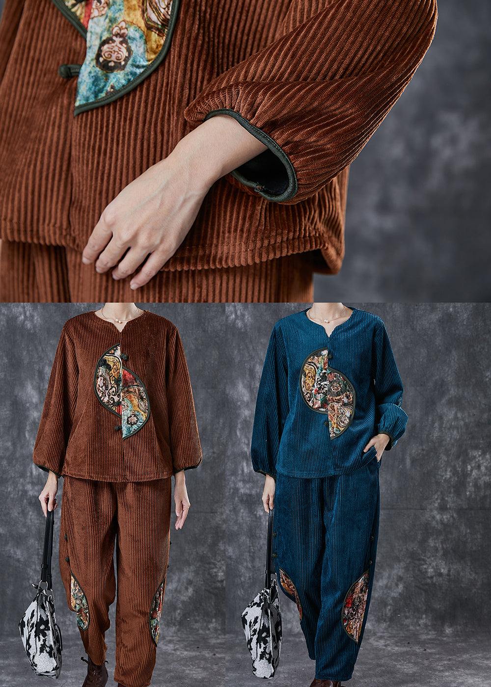 Peacock Blue Patchwork Corduroy Two-piece Set Chinese Button Spring
