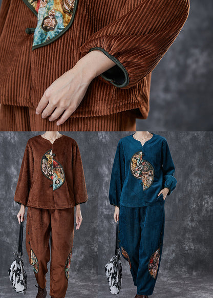 Peacock Blue Patchwork Corduroy Two-piece Set Chinese Button Spring