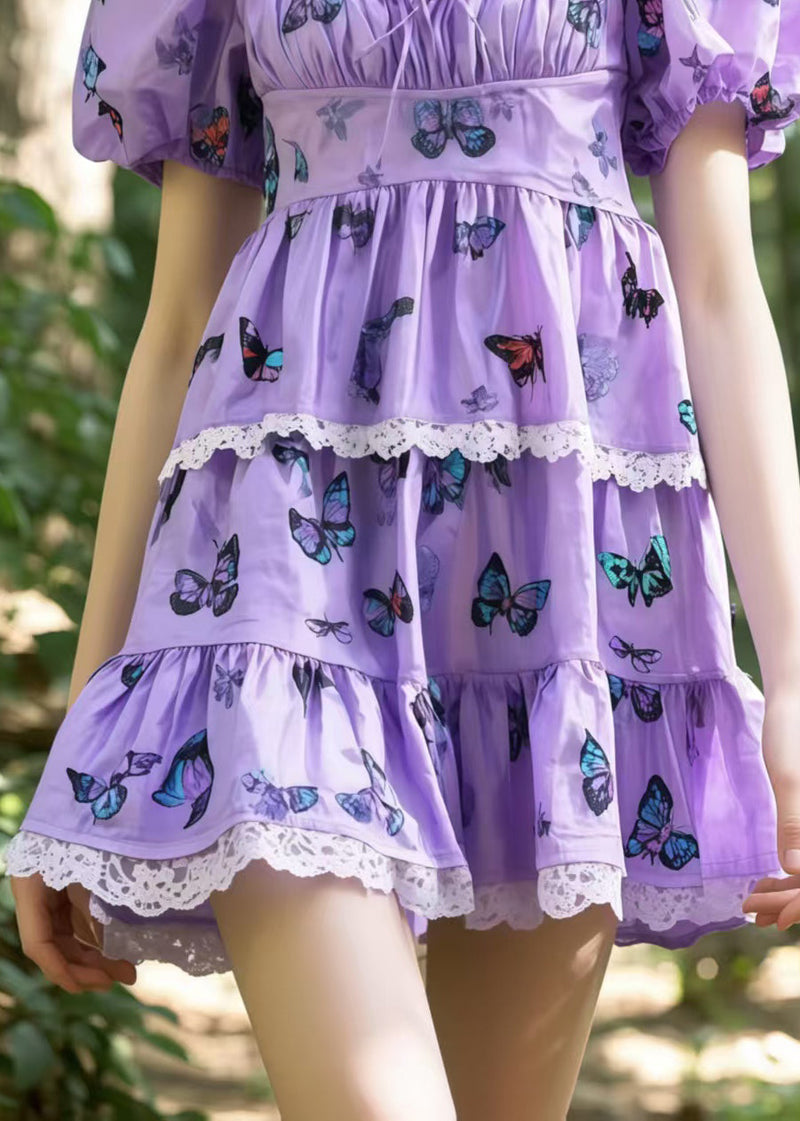 Lavender Square Collar Butterfly Cotton Tea Dress Puff Sleeve Summer