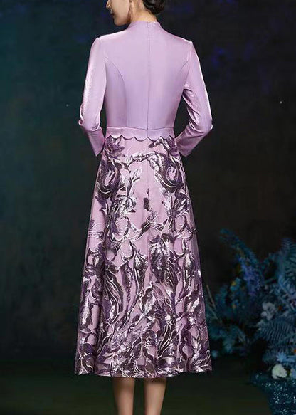 French Purple V Neck Embroideried Patchwork Silk Long Dresses Fall