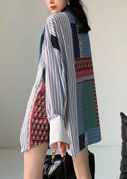 Colorblock Denim Patchwork Striped Print Cotton Shirt Dresses Spring