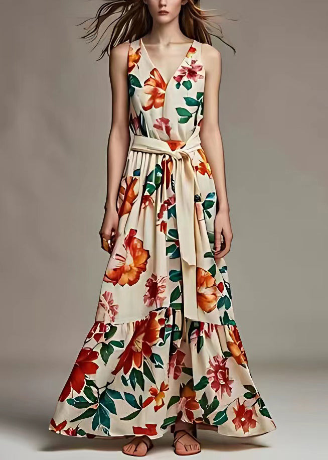 Beige V Neck Print Tie Waist Cotton Long Dresses Sleeveless