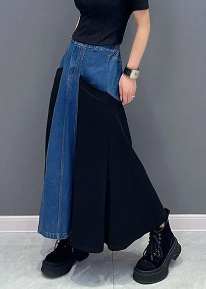 Blue Patchwork Black High Waist Denim Maxi Fish Tail Skirts