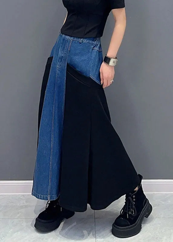 Blue Patchwork Black High Waist Denim Maxi Fish Tail Skirts