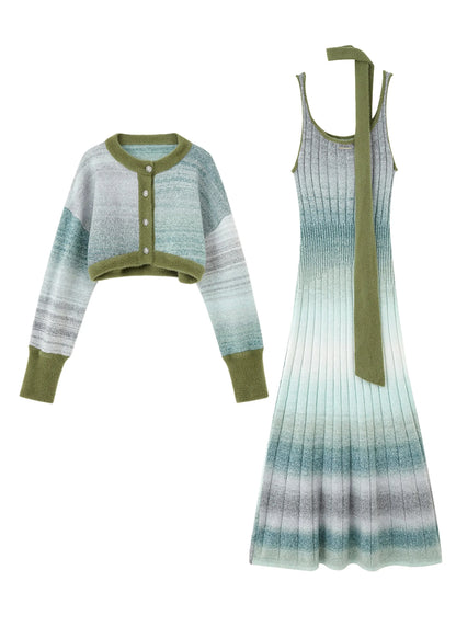 Stylish Green Striped Knit Cardigans and Long Spaghetti Strap Dress Two-piece Set