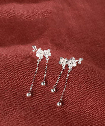 White Sterling Silver Plum Blossom Tassel Drop Earrings