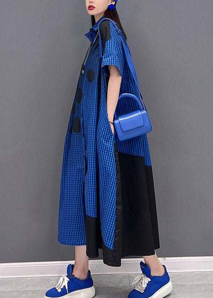 Blue Peter Pan Collar Button Plaid Shirt Dress Short Sleeve