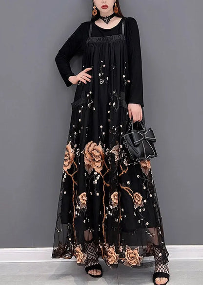 Yellow Embroideried Patchwork Tulle Spaghetti Strap Long Dress Two Piece Set Spring