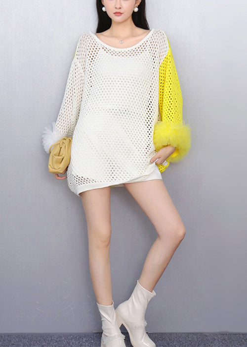Art Yellow O-neck Hollow Out Patchwork Knit Top Fall