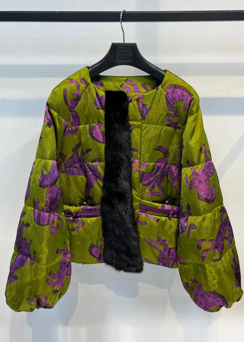 Green Print Patchwork Mink Velvet Duck Down Puffers Jackets Winter