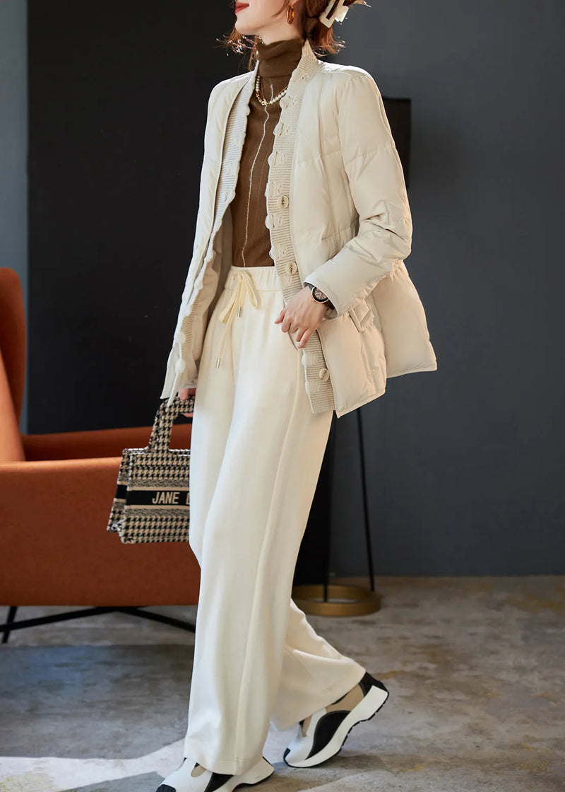 Beige V Neck Patchwork Duck Down Puffers Jackets Winter
