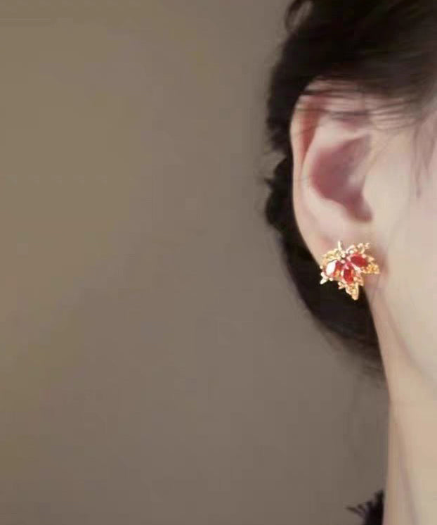 Red Leaf Crystal Gilded Stud Earrings