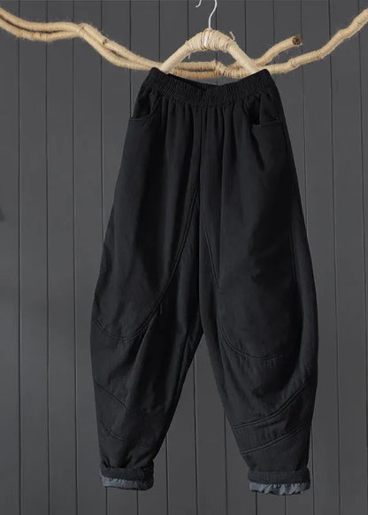 Black Pockets Patchwork Fine Cotton Filled Pants Winter