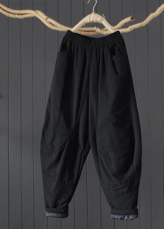 Black Pockets Patchwork Fine Cotton Filled Pants Winter