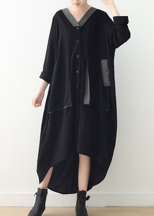 Black V Neck Asymmetrical Low High Design Button Maxi Dress Fall