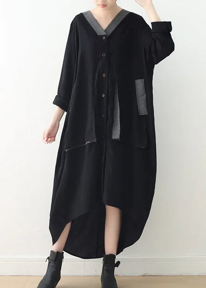 Black V Neck Asymmetrical Low High Design Button Maxi Dress Fall