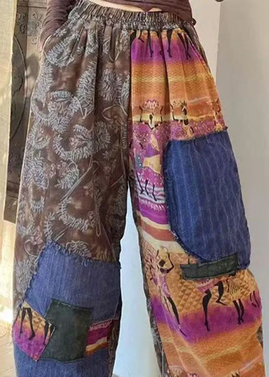 Colorblock Pockets Patchwork Fine Cotton Filled Pants Winter