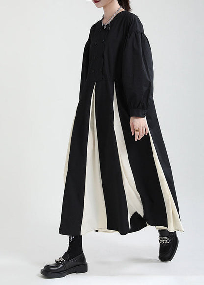 Black White Patchwork Exra Large Hem Cotton Shirt Dresses Puff Sleeve