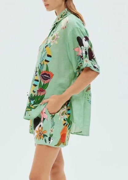 Organic Green Shirts and Shorts Patchwork Print Two Pieces Set Short Sleeve