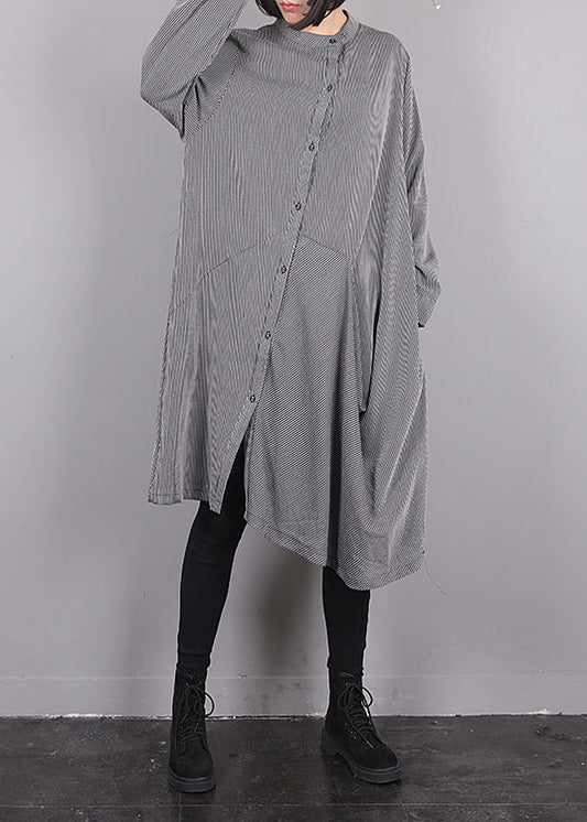 Grey O-neck Asymmetrical Striped Button Maxi Dress Fall