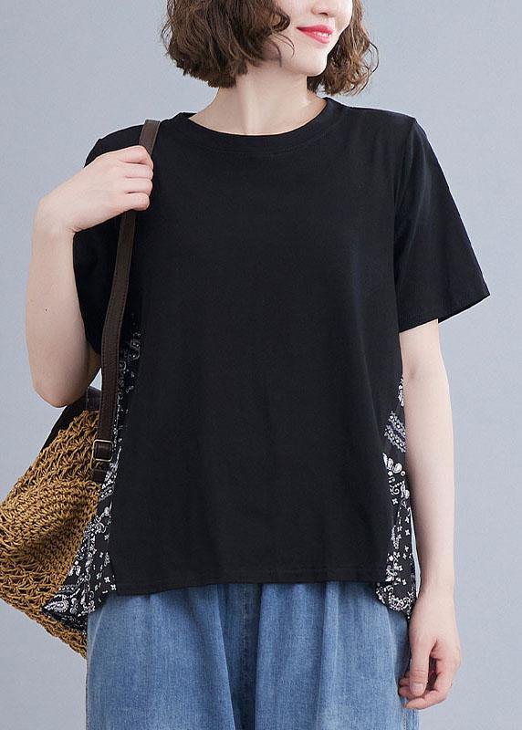 Black Patchwork Print O-neck Cotton Tops Summer