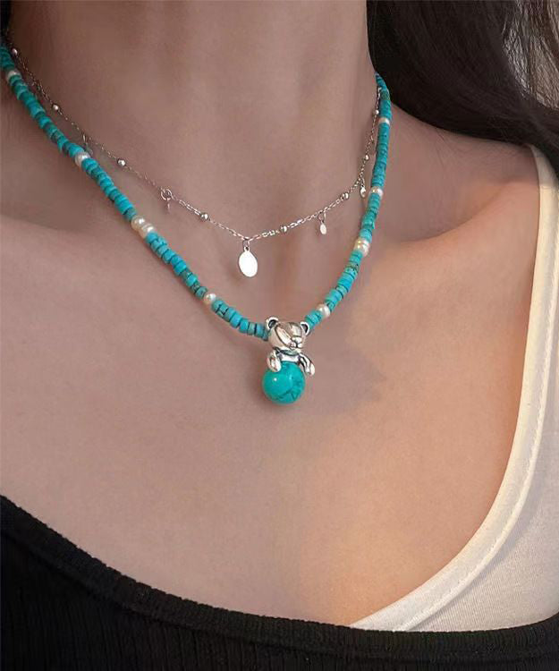Light Green Sterling Silver Pearl Beading Graduated Bead Necklace