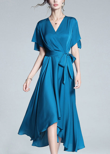 Blue V Neck Tie Waist Silk Long Dresses Summer