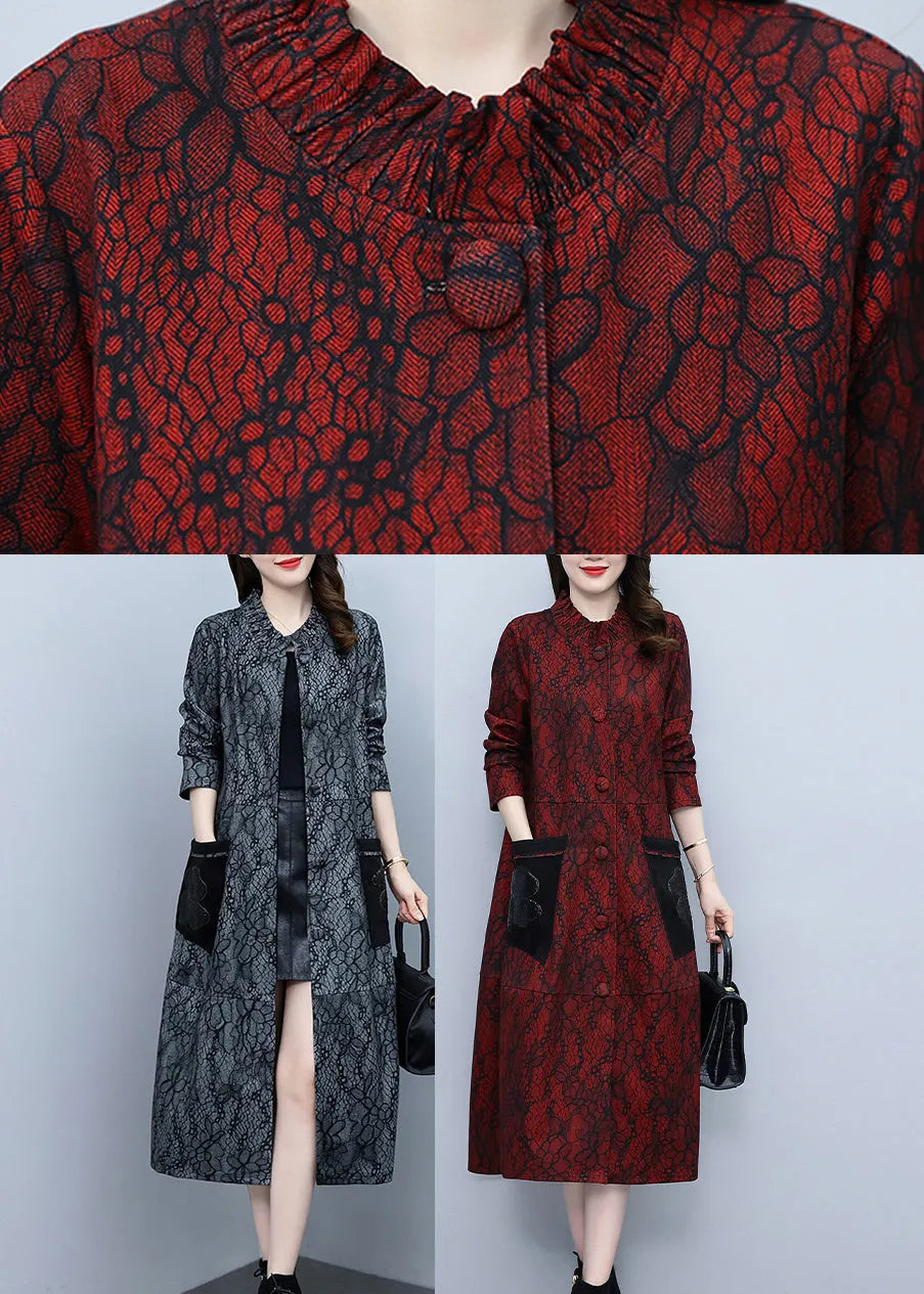 Red Stand Collar Print Long Trench Coats Spring