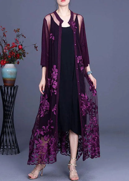 Purple Tulle Embroideried Cardigans Two Piece Set Clothing
