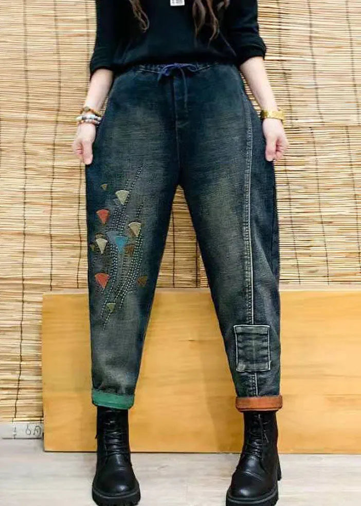 Diy Colorblock Elastic Waist Drawstring Pockets Patchwork Cotton Denim Pants Fall