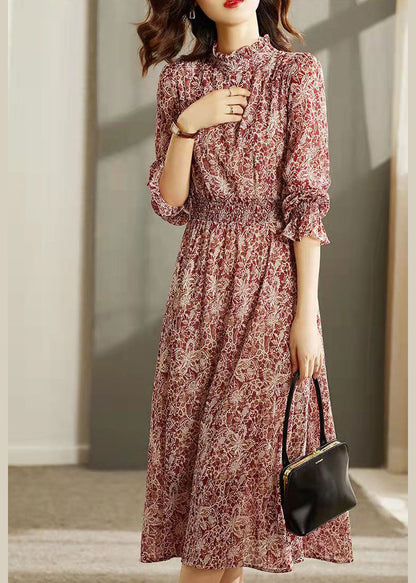 Style Red Stand Collar Elastic Waist Print Silk Long Dresses Flare Sleeve