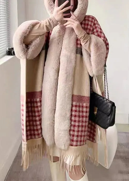 Plaid Hooded Tasseled Patchwork Warm Fleece Cape Coat Half Sleeve