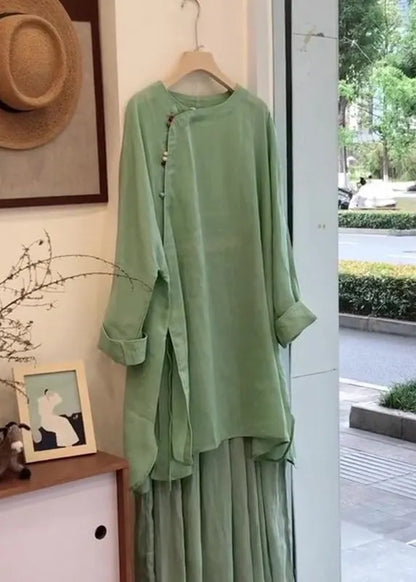 Green Button Side Open Blouses and Skirts Linen Two Pieces Set Fall