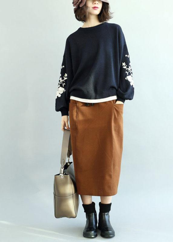 Diy Navy O-neck Sequins Embroideried Fall Knit Sweaters