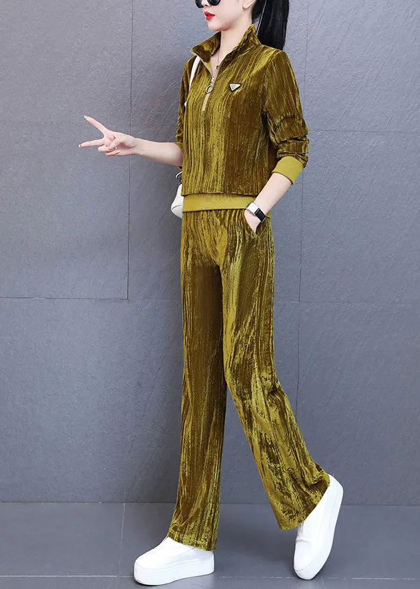 Unique Yellow Stand Collar Silk Velour Coats and Wide Leg Pants Two Piece Set Fall
