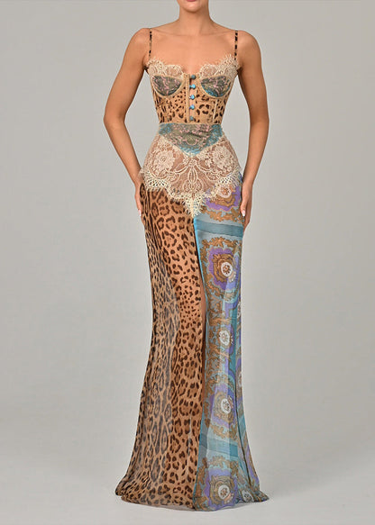 Blue Leopard Lace Patchwork Chiffon Spaghetti Strap Dress Sleeveless Summer